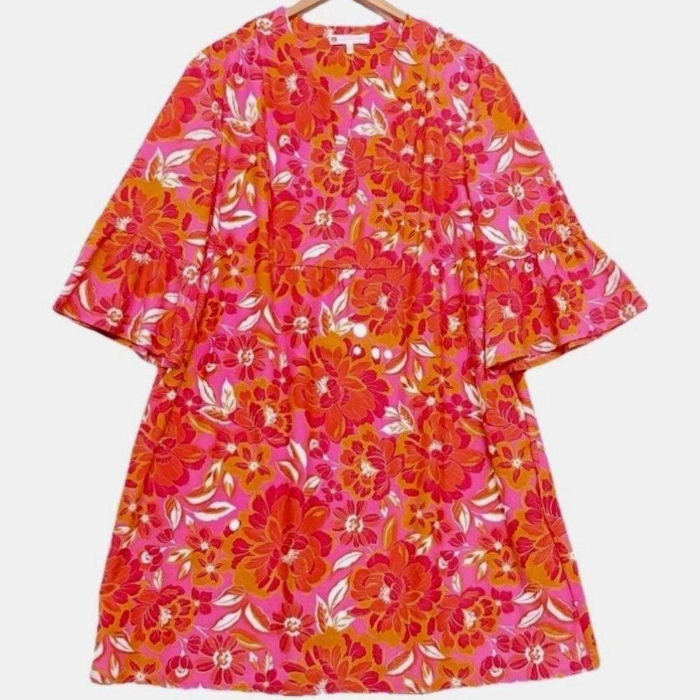 Jude Connally Kerry Shift Dress Floral Bell Sleeve Bright Coastal Resort Mod XL